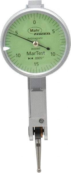 Mahr - 0.015 Inch Range, 0.0005 Inch Dial Graduation, Horizontal Dial Test Indicator - 1.1 Inch Green Dial, 0-15-0 Dial Reading - Makers Industrial Supply