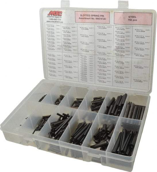 Made in USA - 750 Piece, 1/16 to 7/16" Pin Diam, Spring Pin Assortment - Steel - Makers Industrial Supply