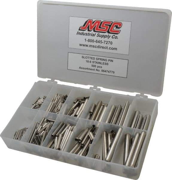 Made in USA - 500 Piece, 1/16 to 7/16" Pin Diam, Spring Pin Assortment - 18-8 Stainless Steel - Makers Industrial Supply