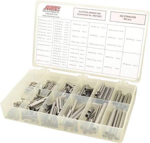 Made in USA - 500 Piece, 1/16 to 7/16" Pin Diam, Spring Pin Assortment - 420 Stainless Steel - Makers Industrial Supply