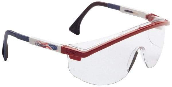 Uvex - Clear Lenses, Framed Safety Glasses - Anti-Fog, Scratch Resistant, Red/White/Blue Plastic Frame, Adjustable Temples, Size Universal, Wrap Around - Makers Industrial Supply