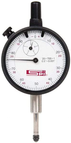 SPI - 1/2" Range, 0-100, 0-50-0 Dial Reading, 0.001" Graduation Dial Drop Indicator - 2-1/4" Dial, 0.1" Range per Revolution, Revolution Counter, Includes NPL Traceability Certification - Makers Industrial Supply