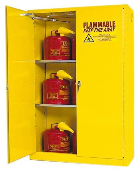 Eagle - 2 Door, 2 Shelf, Yellow Steel Standard Safety Cabinet for Flammable and Combustible Liquids - 65" High x 43" Wide x 18" Deep, Self Closing Door, 3 Point Key Lock, 45 Gal Capacity - Makers Industrial Supply