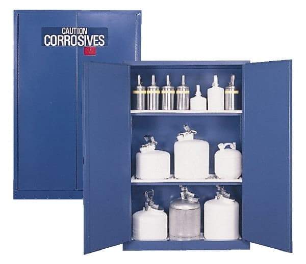 Eagle - 2 Door, 2 Shelf, Blue Steel Standard Safety Cabinet for Corrosive Chemicals - 65" High x 43" Wide x 18" Deep, Manual Closing Door, 3 Point Key Lock, 45 Gal Capacity - Makers Industrial Supply