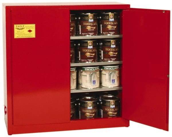 Eagle - 2 Door, 3 Shelf, Red Steel Standard Safety Cabinet for Flammable and Combustible Liquids - 44" High x 43" Wide x 18" Deep, Manual Closing Door, 3 Point Key Lock, 40 Gal Capacity - Makers Industrial Supply