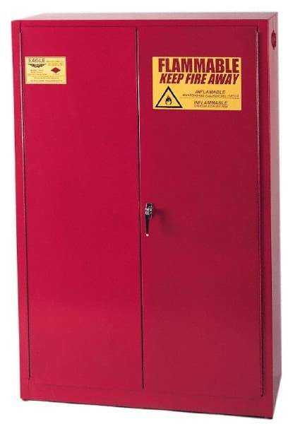 Eagle - 2 Door, 5 Shelf, Red Steel Standard Safety Cabinet for Flammable and Combustible Liquids - 65" High x 43" Wide x 18" Deep, Manual Closing Door, 3 Point Key Lock, 60 Gal Capacity - Makers Industrial Supply