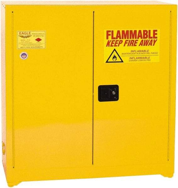 Eagle - 2 Door, 3 Shelf, Yellow Steel Standard Safety Cabinet for Flammable and Combustible Liquids - 44" High x 43" Wide x 18" Deep, Manual Closing Door, 3 Point Key Lock, 40 Gal Capacity - Makers Industrial Supply