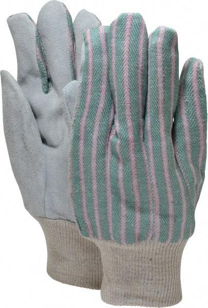 PRO-SAFE - Size L (9) Split Cowhide General Protection Work Gloves - For General Purpose, Uncoated, Knit Wrist Cuff, Full Fingered, Green/Pink/Gray, Paired - Makers Industrial Supply