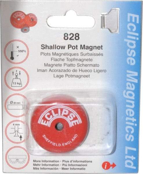 Eclipse - 1-1/2" Diam, 28.5 Lb Average Pull Force, Mild Steel, Alnico Pot Magnets - 0.339" Countersunk Hole, 220°C Max Operating Temp, 0.407" High, Grade 5 Alnico - Makers Industrial Supply