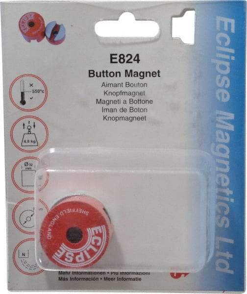 Eclipse - 1-1/4" Diam, 9/32" Hole Diam, 4.8 kg Max Pull Force Alnico Button Magnet - 1" High, 1/2" Gap Width, Grade 5 Alnico - Makers Industrial Supply