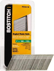 Stanley Bostitch - 15 Gauge 0.07" Shank Diam 1-1/2" Long Finishing Nails for Power Nailers - Steel, Bright Finish, Smooth Shank, Angled Stick Adhesive Collation, Round Head, Chisel Point - Makers Industrial Supply