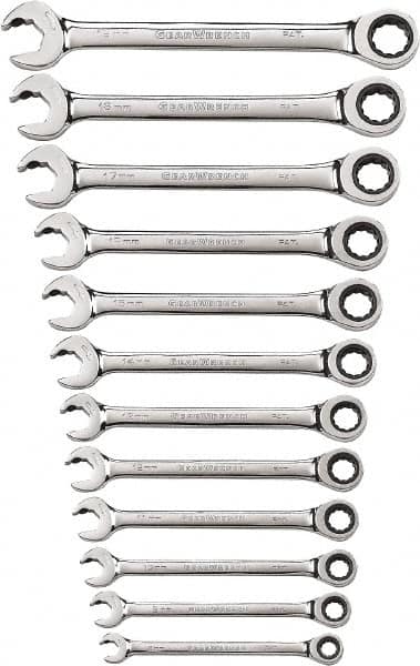 GearWrench - 12 Piece, 8mm to 19mm, 12 Point Ratcheting Combination Wrench Set - Metric Measurement Standard, Chrome Finish - Makers Industrial Supply