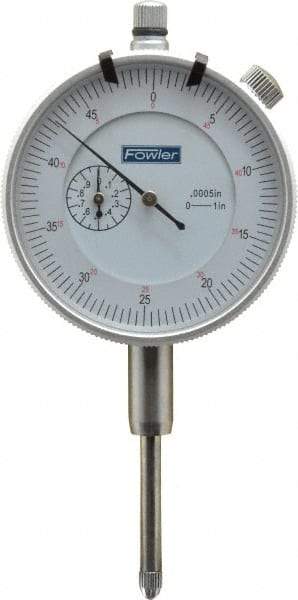 Fowler - 1" Range, 0-25-0 (Balanced), 0-50 (Continuous) Dial Reading, 0.0005" Graduation Dial Drop Indicator - 2-1/4" Dial, 0.05" Range per Revolution, Revolution Counter - Makers Industrial Supply