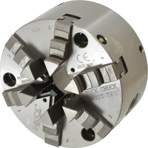 Buck Chuck Company - 6 Jaws, 5" Diam, Self Centering Manual Lathe Chuck - Front Mount, Adjustable, 4,125 Max RPM, 1.28" Through Hole Diam, Forged Steel - Makers Industrial Supply