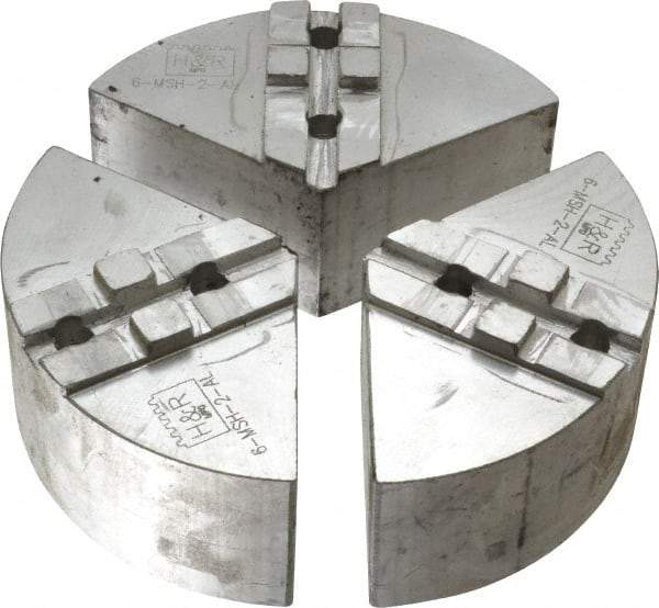 H & R Manufacturing - 6" Chuck Capacity, Tongue & Groove Attachment, Round Soft Lathe Chuck Jaw - 3 Jaws, Aluminum, 1-1/2" Btw Mount Hole Ctrs, 3" Long x 6" Wide x 2" High, 5/16" Groove - Makers Industrial Supply