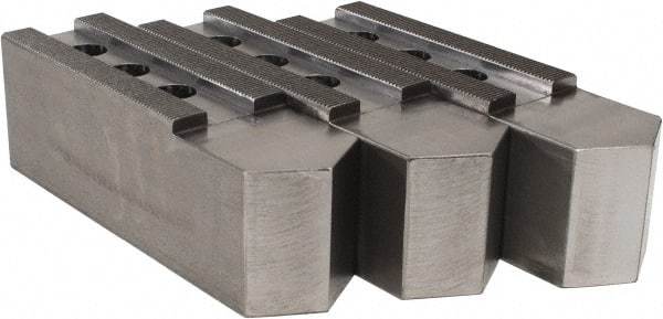 H & R Manufacturing - 16 to 20" Chuck Capacity, 3/32 x 90° Serrated Attachment, Square Soft Lathe Chuck Jaw - 3 Jaws, Steel, 1-9/16" Btw Mount Hole Ctrs, 9" Long x 2-1/2" Wide x 3" High, 1" Groove - Makers Industrial Supply