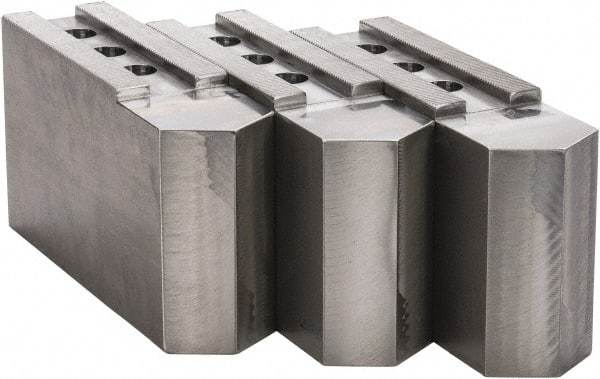 H & R Manufacturing - 16 to 20" Chuck Capacity, 3/32 x 90° Serrated Attachment, Square Soft Lathe Chuck Jaw - 3 Jaws, Steel, 1-9/16" Btw Mount Hole Ctrs, 9" Long x 2-1/2" Wide x 5" High, 1" Groove - Makers Industrial Supply