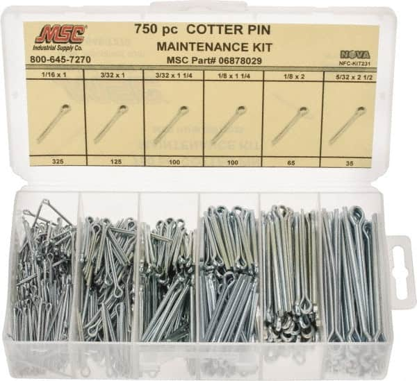 Value Collection - 750 Piece, 1/16 to 5/32" Pin Diam, Cotter Pin Assortment - 1 to 2-1/2" Long, Steel - Makers Industrial Supply