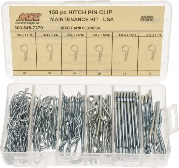 Value Collection - 150 Piece, 1/16 to 3/16" Pin Diam, Hitch Pin Assortment - 1-9/16 to 3-1/4" Long, Spring Steel - Makers Industrial Supply