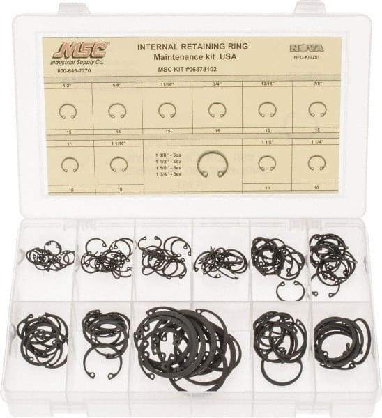 Made in USA - 150 Piece, 1/2 to 1-3/4", SpRing Assortment Steel, Snap Internal Retaining Ring Assortment - Includes Compartmented Case - Makers Industrial Supply