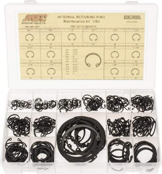 Made in USA - 337 Piece, 3/8 to 3", SpRing Assortment Steel, Snap Internal Retaining Ring Assortment - Includes Compartmented Case - Makers Industrial Supply