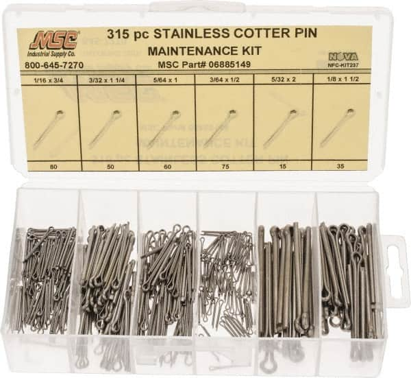 Value Collection - 315 Piece, 1/16 to 1/8" Pin Diam, Cotter Pin Assortment - 3/64 to 5/32" Long, Stainless Steel - Makers Industrial Supply