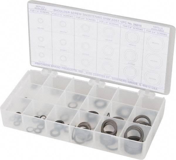 Precision Brand - 270 Piece, 1/4 to 3/4" Screw, Grade 1075 Spring Steel Flat Washer Assortment - Includes (15) 0.501 Inside x 0.738 OD Washer, (45) 0.252 to 0.751 Inside x 0.366 to 0.995 OD Washer & Compartmented Storage Case - Makers Industrial Supply