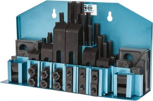 TE-CO - 52 Piece Fixturing Step Block & Clamp Set with 1" Step Block, 1/2" T-Slot, 3/8-16 Stud Thread - 7/8" Nut Width, 3, 4, 5, 6, 7 & 8" Stud Lengths - Makers Industrial Supply