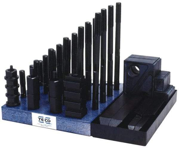 TE-CO - 50 Piece Fixturing Step Block & Clamp Set with 1-1/2" Step Block, 7/8" T-Slot, 3/4-10 Stud Thread - 1-1/2" Nut Width, 3, 4, 5, 6, 7 & 8" Stud Lengths - Makers Industrial Supply