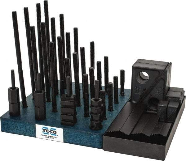 TE-CO - 50 Piece Fixturing Step Block & Clamp Set with 1" Step Block, 1/2" T-Slot, 3/8-16 Stud Thread - 7/8" Nut Width, 3, 4, 5, 6, 7 & 8" Stud Lengths - Makers Industrial Supply