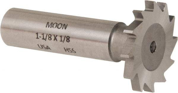 Made in USA - 1-1/8" Diam x 1/8" Face Width, High Speed Steel, 16 Teeth, Shank Connection Woodruff Keyseat Cutter - Uncoated, 2-3/16" OAL x 1/2" Shank, Straight Teeth - Makers Industrial Supply