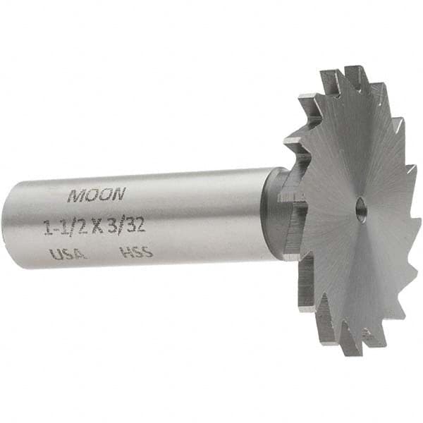 Made in USA - 1-1/2" Diam x 3/32" Face Width, High Speed Steel, 20 Teeth, Shank Connection Woodruff Keyseat Cutter - Uncoated, 2-1/4" OAL x 1/2" Shank, Straight Teeth - Makers Industrial Supply