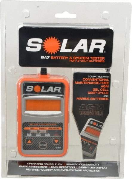 Solar - 12 Volt Digital Battery & System Tester - 100 to 1,100 CCA Range, 1-1/2' Cable - Makers Industrial Supply