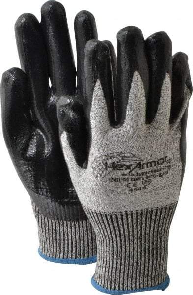 HexArmor - Size M (8), ANSI Cut Lvl A8, Puncture Lvl 5, Nitrile Coated Cut & Puncture Resistant Gloves - Palm & Fingers Coated, SuperFabric/HPPE Lining, Knit Wrist, Gray/Black, Paired - Makers Industrial Supply