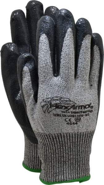 HexArmor - Size L (9), ANSI Cut Lvl A8, Puncture Lvl 5, Nitrile Coated Cut & Puncture Resistant Gloves - Palm & Fingers Coated, SuperFabric/HPPE Lining, Knit Wrist, Gray/Black, Paired - Makers Industrial Supply