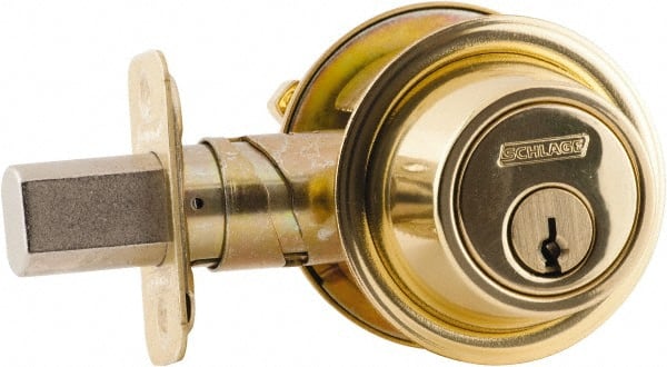 Schlage - 1-3/8 to 1-3/4" Door Thickness, Bright Brass Finish, Single Cylinder Deadbolt with Thumb Turn - Exact Industrial Supply