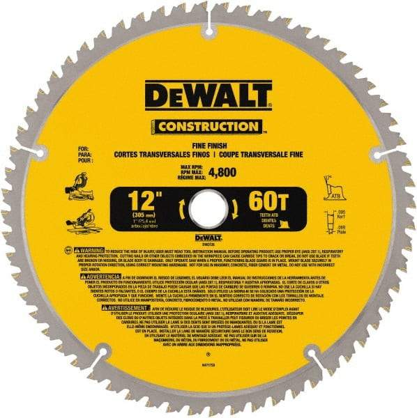 DeWALT - 12" Diam, 1" Arbor Hole Diam, 60 Tooth Wet & Dry Cut Saw Blade - Carbide-Tipped, Fine Finishing Action, Standard Round Arbor - Makers Industrial Supply