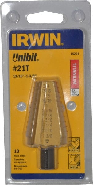 Irwin - 10 Hole Sizes, 13/16 to 1-3/8" Hole Diam High Speed Steel Standard Point Step Drill Bit - Makers Industrial Supply