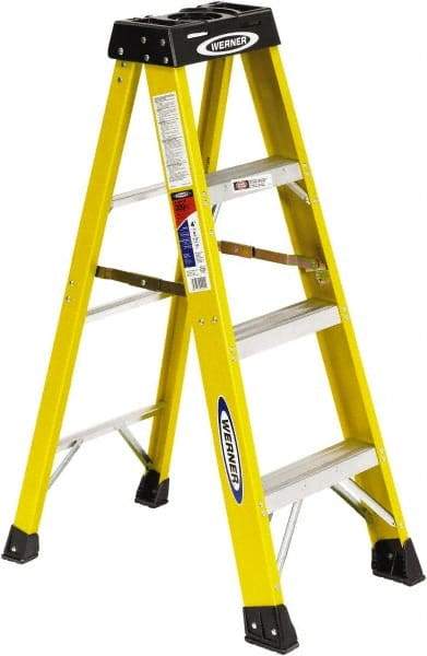 Werner - 3 Steps, 4' High, Type IA Rating, Fiberglass Step Ladder - 300 Lb Load Capacity, 19" Base Width - Makers Industrial Supply