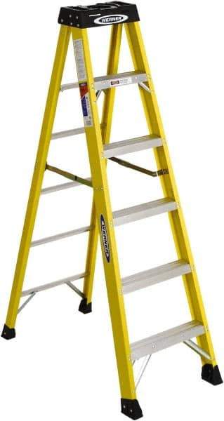 Werner - 5 Steps, 6' High, Type IA Rating, Fiberglass Step Ladder - 300 Lb Load Capacity, 22" Base Width - Makers Industrial Supply