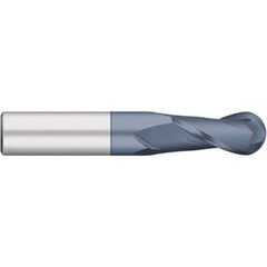 Ball End Mill: 0.4688″ Dia, 1″ LOC, 2 Flute, Solid Carbide 3″ OAL, 1/2″ Shank Dia, 30 ° Helix, AlTiN Coated, Single End