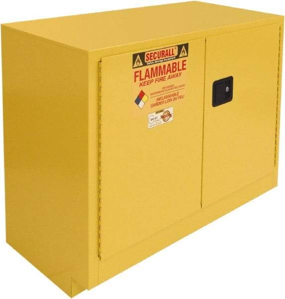 Securall Cabinets - 2 Door, 1 Shelf, Yellow Steel Under the Counter Safety Cabinet for Flammable and Combustible Liquids - 35-9/16" High x 47" Wide x 22" Deep, Manual Closing Door, 3 Point Key Lock, 36 Gal Capacity - Makers Industrial Supply