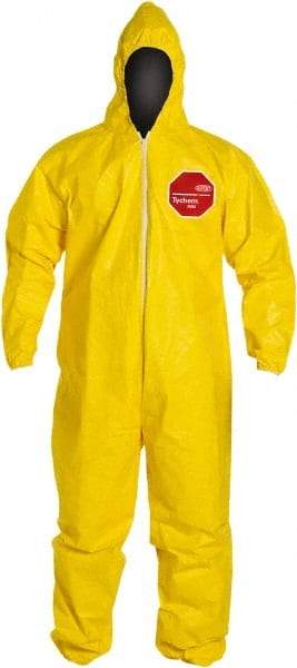 Dupont - Size XL PE Film Chemical Resistant Coveralls - Yellow, Zipper Closure, Elastic Cuffs, Elastic Ankles, Serged Seams - Makers Industrial Supply