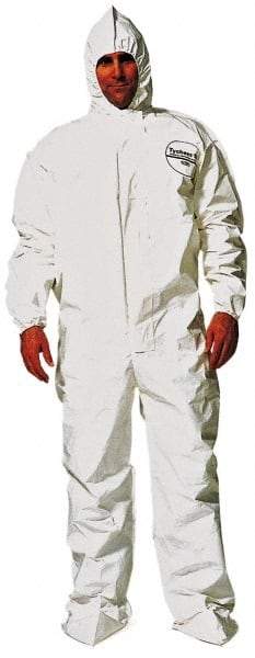 Dupont - Size 4XL Saranex Chemical Resistant Coveralls - White, Zipper Closure, Elastic Cuffs, Open Ankles, Bound Seams - Makers Industrial Supply