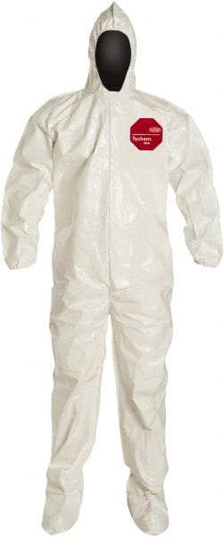 Dupont - Size L Saranex Chemical Resistant Coveralls - White, Zipper Closure, Elastic Cuffs, Open Ankles, Bound Seams - Makers Industrial Supply