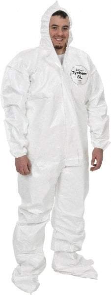 Dupont - Size 2XL Saranex Chemical Resistant Coveralls - White, Zipper Closure, Elastic Cuffs, Open Ankles, Bound Seams - Makers Industrial Supply