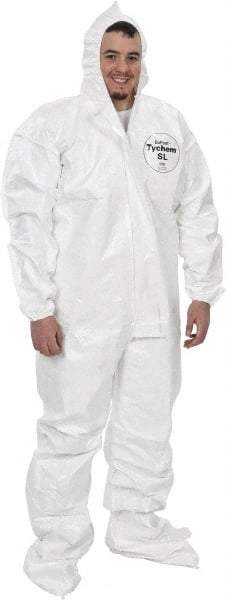 Dupont - Size 3XL Saranex Chemical Resistant Coveralls - White, Zipper Closure, Elastic Cuffs, Open Ankles, Bound Seams - Makers Industrial Supply