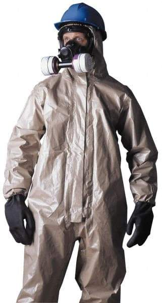 Dupont - Size L Hazmat Chemical Resistant Coveralls - Tan, Zipper Closure, Elastic Cuffs, Open Ankles, Taped Seams - Makers Industrial Supply