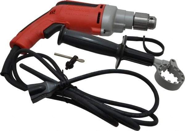 Milwaukee Tool - 3/8" Keyed Chuck, 1,200 RPM, Pistol Grip Handle Electric Drill - 7 Amps, 120 Volts, Reversible, Includes 3/8" Magnum Drill, Chuck Key with Holder, Side Handle - Makers Industrial Supply