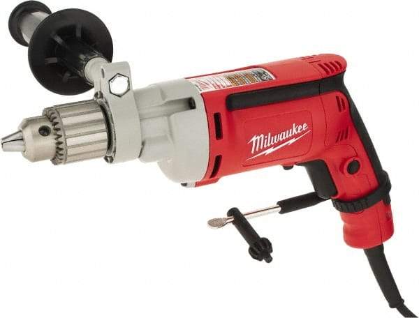 Milwaukee Tool - 1/2" Keyed Chuck, 850 RPM, Pistol Grip Handle Electric Drill - 8 Amps, 120 Volts, Non-Reversible, Includes 1/2" Magnum Drill, Chuck Key with Holder, Side Handle - Makers Industrial Supply